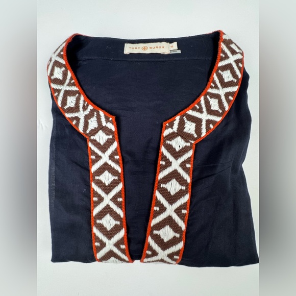 Tory Burch Tops - Tory Burch $295 Tunic Long Sleeve Top Size 12 Navy w/ Ivory Orange Brown Accents